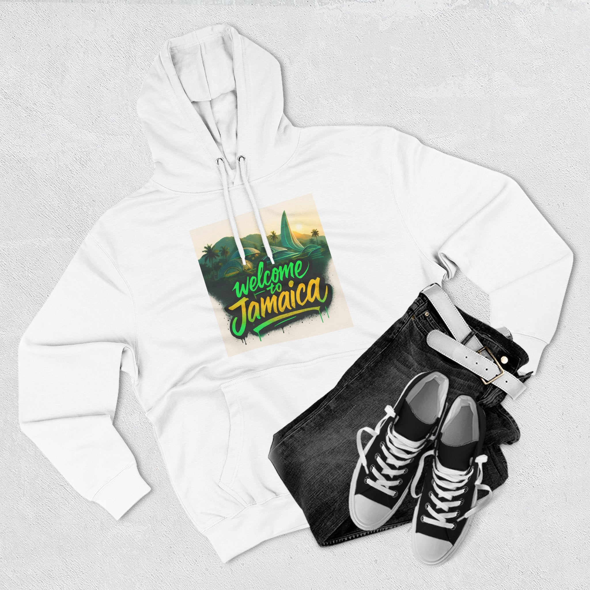 Welcome Jamaica Three-Panel Fleece Hoodie, Tropical Sweatshirt, Island Vibes, Vacation Wear, Unique Gift for Travelers Printify