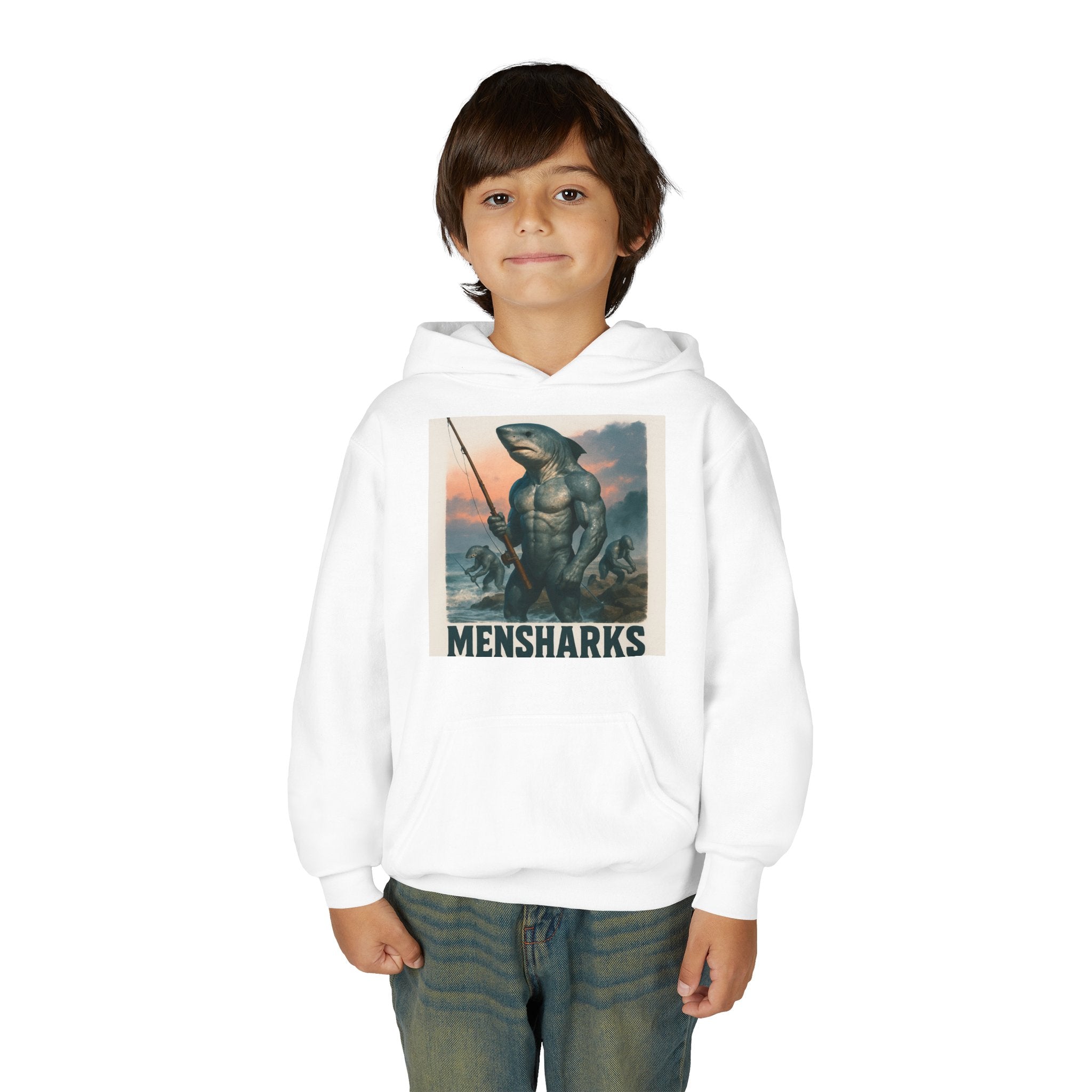Mensharks Youth Hoodie - Funny Sweatshirt, Cool Kids Clothing, Gift for Boys, Humor Merchandise, Comfy Casual Wear Printify