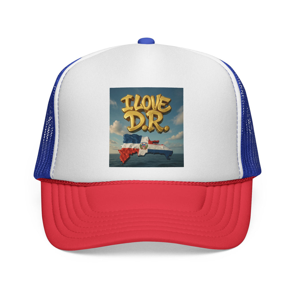 I Love D.R. Trucker Cap – Fun, Casual Hat for Dominican Republic Fans, Summer Style, Travel Accessory, Gift for Celebrations, Vacation Gear Printify