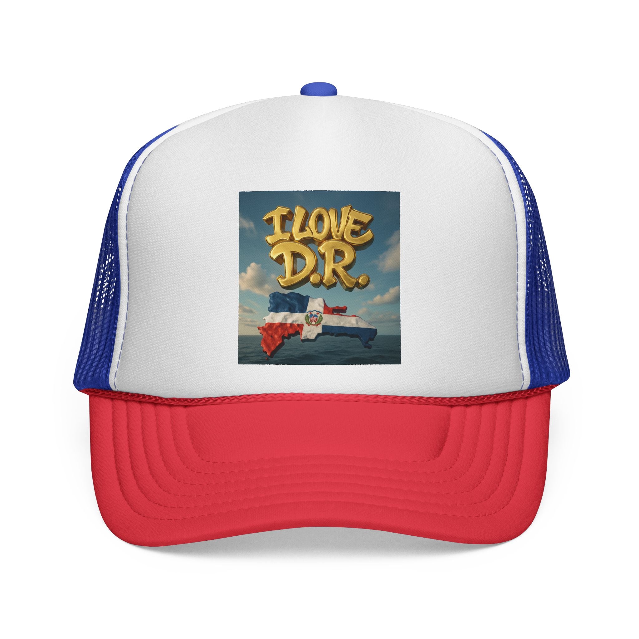I Love D.R. Trucker Cap – Fun, Casual Hat for Dominican Republic Fans, Summer Style, Travel Accessory, Gift for Celebrations, Vacation Gear Printify