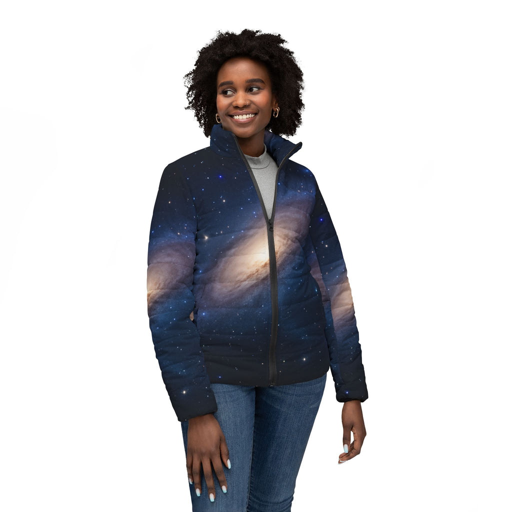 Galactic Women’s Puffer Jacket, Cosmic Print Coat, Astronaut Women's Outerwear, Space-Themed Winter Jacket, Trendy Astrophysics Style