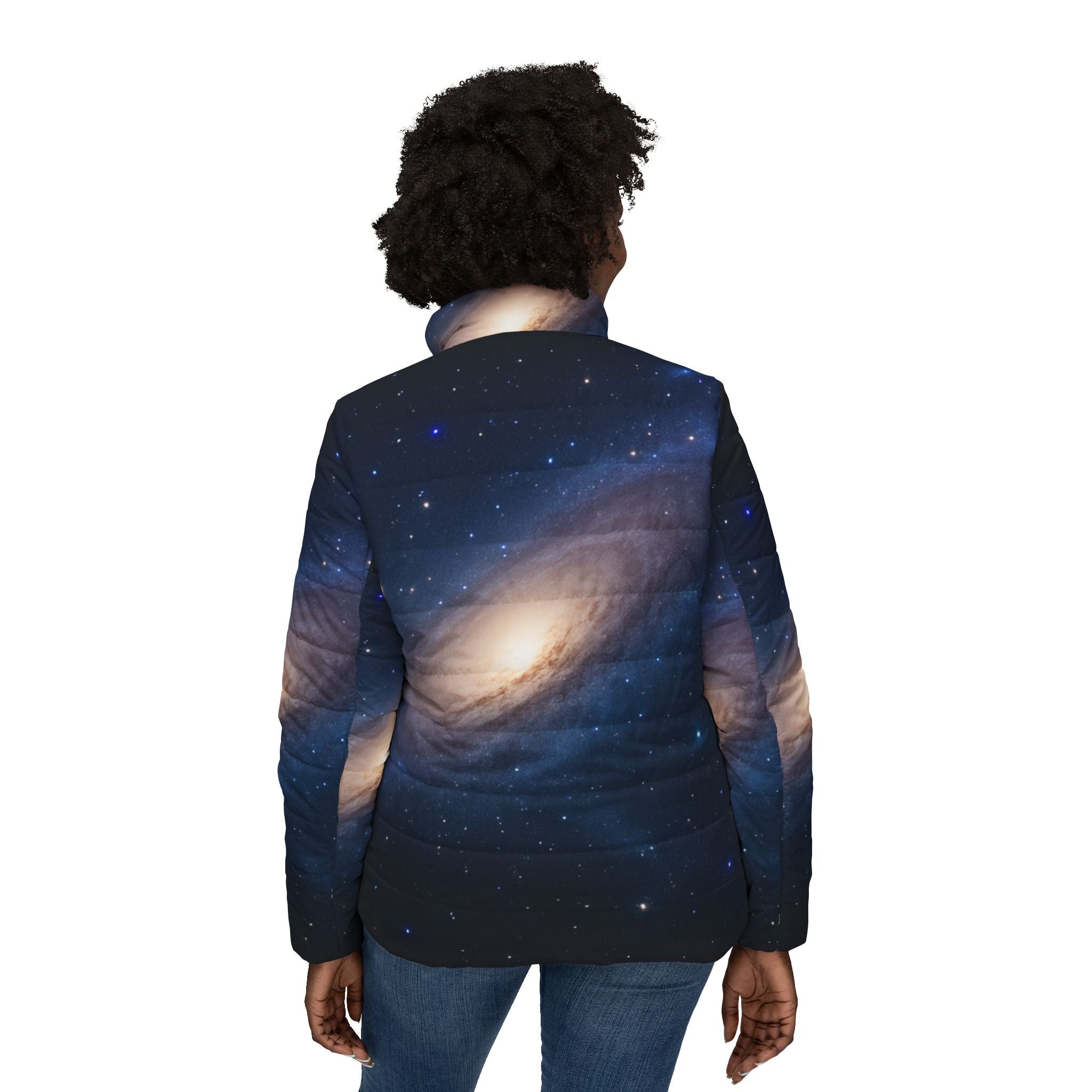 Galactic Women’s Puffer Jacket, Cosmic Print Coat, Astronaut Women's Outerwear, Space-Themed Winter Jacket, Trendy Astrophysics Style