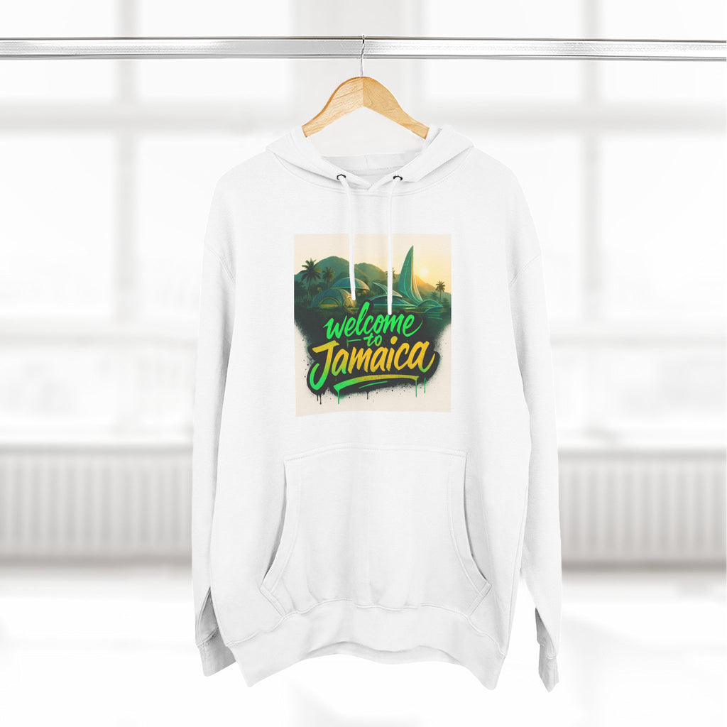 Welcome Jamaica Three-Panel Fleece Hoodie, Tropical Sweatshirt, Island Vibes, Vacation Wear, Unique Gift for Travelers