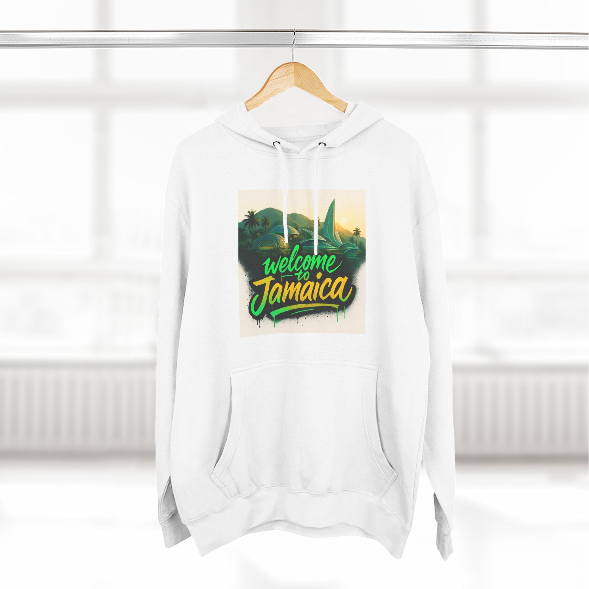 Welcome Jamaica Three-Panel Fleece Hoodie, Tropical Sweatshirt, Island Vibes, Vacation Wear, Unique Gift for Travelers